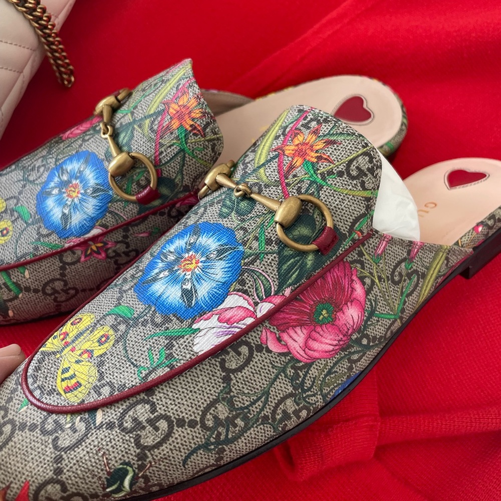 ❌SOLD❌ GUCCI Jordan Flora Canvas and Leather Mules -Size 38.5